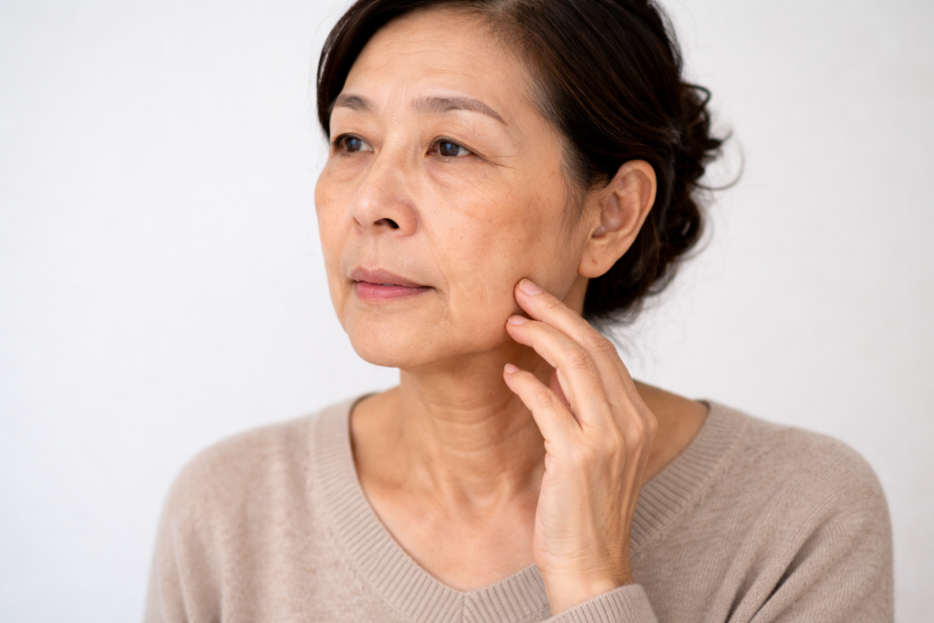 Woman touching her jawline showing mild sagging skin before treatment