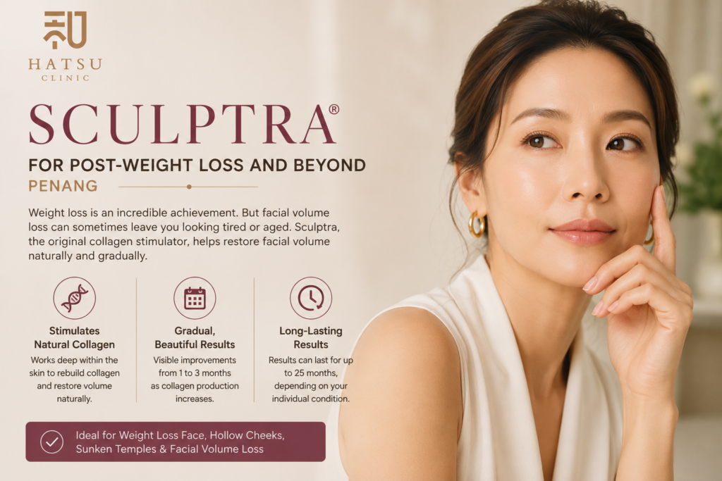 Lost facial volume after weight loss? Discover how Sculptra in Hatsu Clinic, Penang stimulates collagen, restores facial contours, and treats weight loss face with natural-looking, long-lasting results.